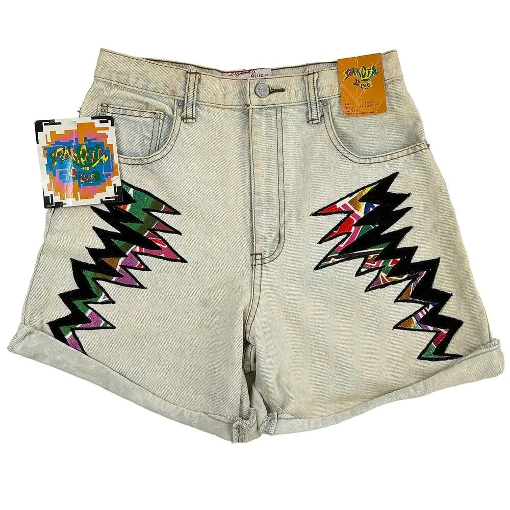 VTG 90s Dakota Blue NWT Denim Shorts Women 27 Geometric Patch Y2K Festival